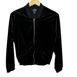 Angie‎ Gothic Black Velvet Full Zip Jacket Small Elastic Hem and Cuffs Pockets